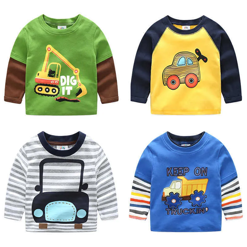 Spring Autumn For 2-9 10 Years Children Cotton Striped Patchwork Cartoon Car Bus Truck Baby Kids Boys Long Sleeve T Shirts 210529