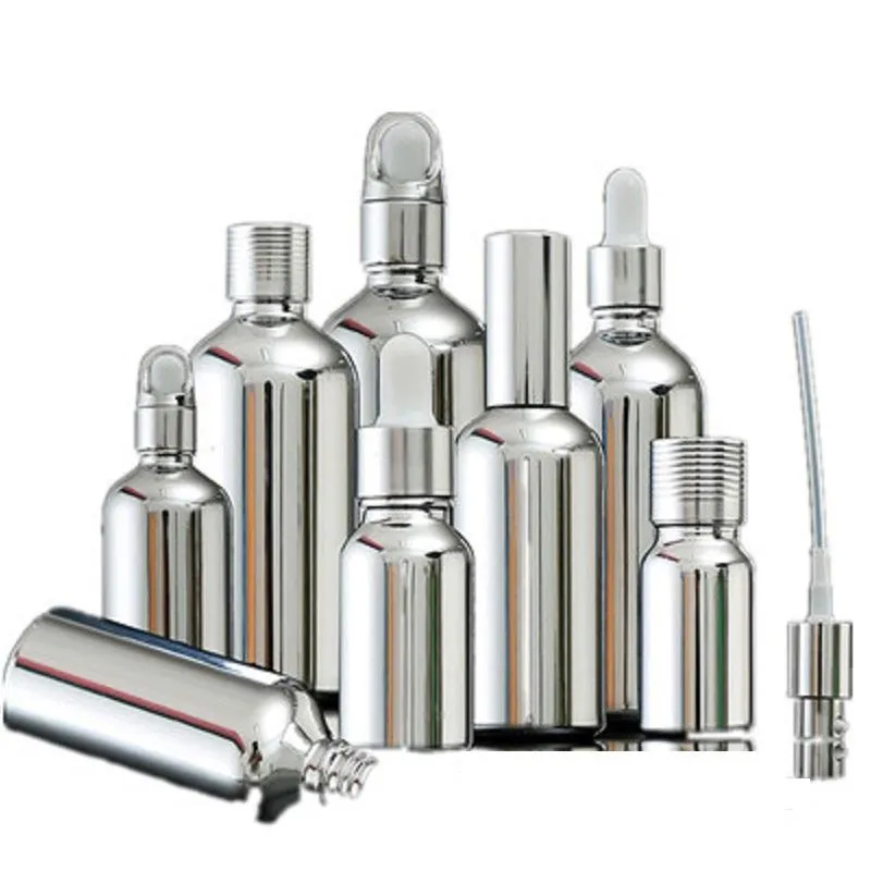 Opslagflessen potten 5 ml-100ml zilver glazen fles etherische oliedruppelkleurige cosmetische verpakking serum lotion pomp spray atomizer 15pcs