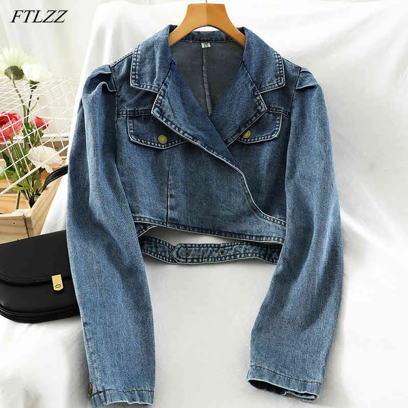 Autumn Winter Elegant Female Long Sleeve Denim Jacket Casual Street Hollow Out Button Crop Top 210423