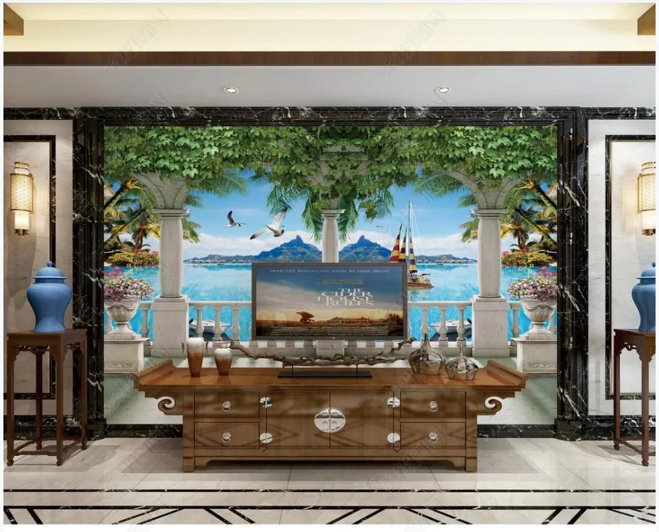 Kundenspezifische Tapete für Wände 3D Foto Hintergrundbilder Wandbilder Moderne Römische Säule Mediterranean Landschaft TV Hintergrund Wandpapiere Wohnkultur
