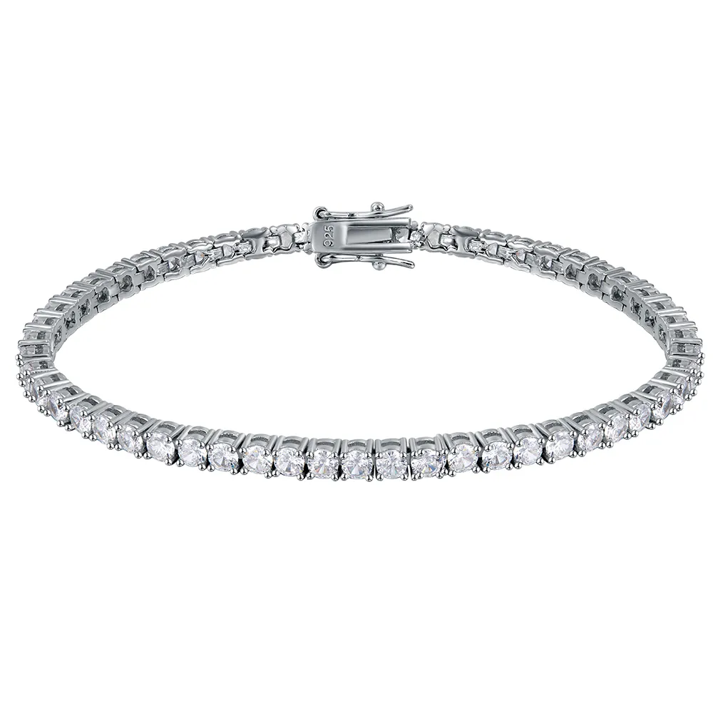 Real Sólido 925 Prata 15-21cm Pulseira de Tênis Jóias Pave Full 3mm de 5A CZ Presente Eterno para Jóias Fine Esposa