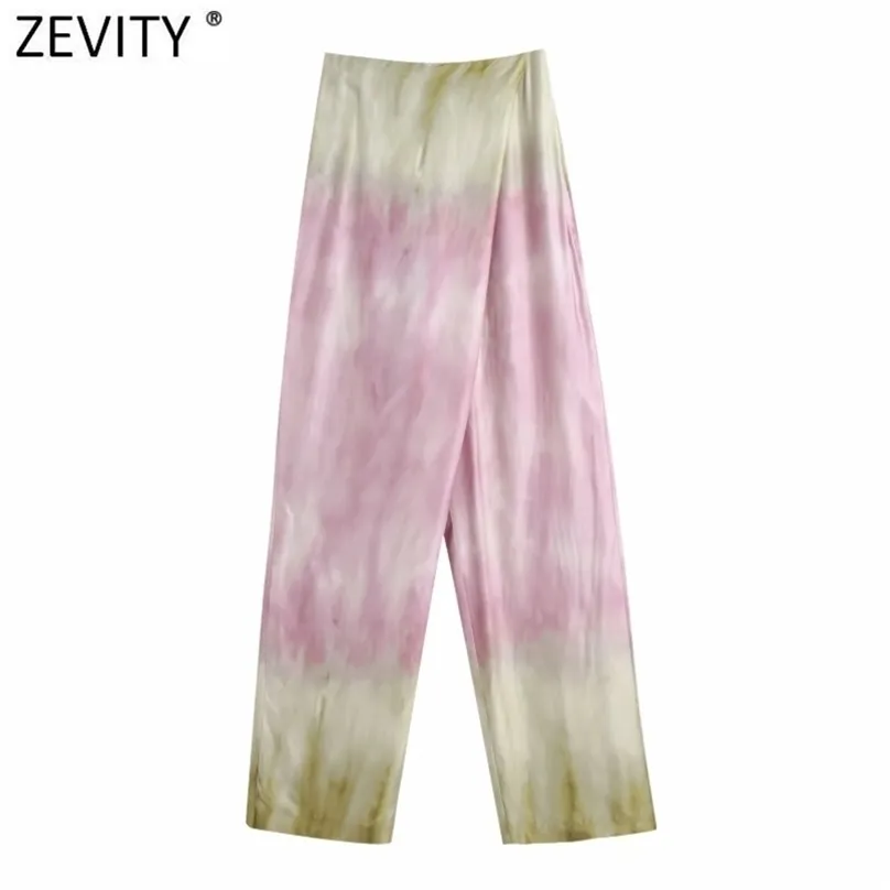 Zevity Mujeres Moda Gragual Color Corbata Teñida Impresión Satén Pantalones de pierna ancha Retro Mujer Cremallera lateral Chic Pantalones largos P1030 210915