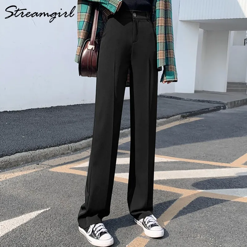Streamgirl Women Wide Leg Pants Plus Size Female Trousers Spring Straight Black Suit Casual High Waist Pants Wide Leg Summer 210421