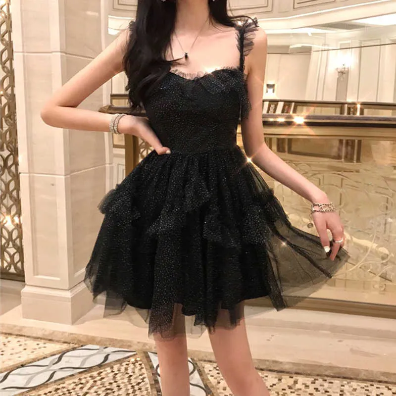 黒の輝くセクシーなメッシュバックレスボールガウンスパゲッティストラップスリム夏のドレス女性ショートレースのパーティーファッション210608