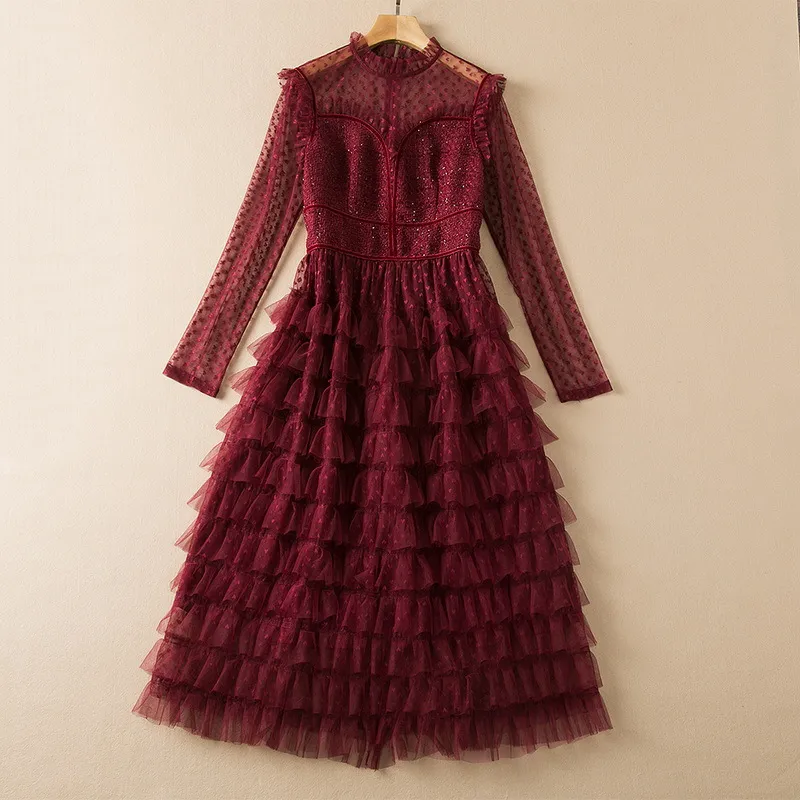 2021 Autumn Winter Long Sleeve Round Neck Black / Red Solid Color Tweed Hearts Tulle Paneled Tiered Mid-Calf Dress Elegant Casual Dresses 21S160915