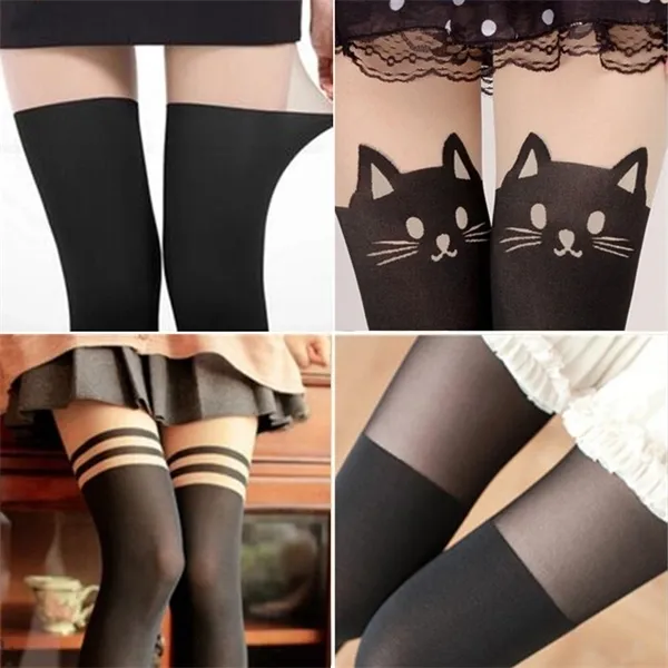 Kvinnor Spring Cartoon Tights Söt Sexig Kattmönster Tryckt Tattoo Strumpor Streetwear Girl's Sheer High Medias Silk Pantyhos X0521