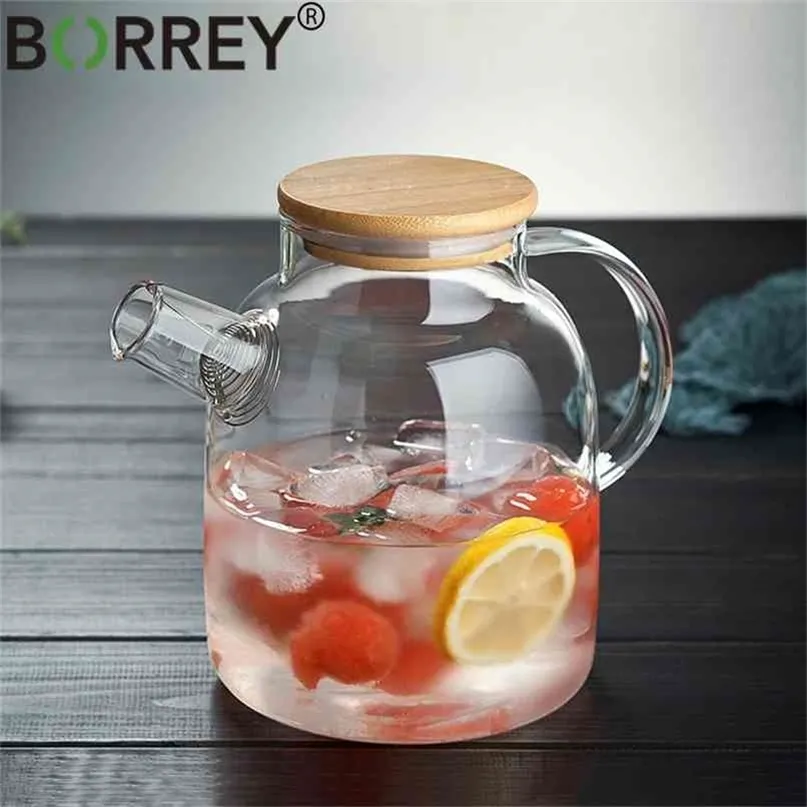 BORREY Big Théière en verre résistant à la chaleur Bouilloire à thé à fleurs Grand récipient de jus de fruits transparent Base de support en céramique 210724