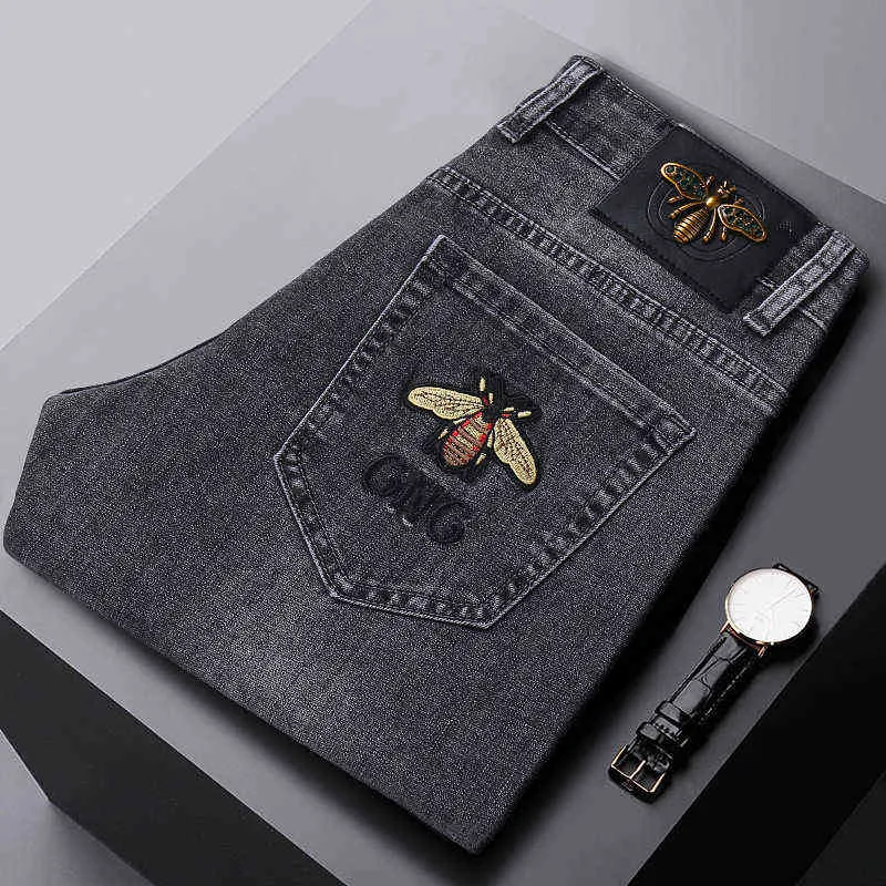 Spring 2021 Men's Jeans Cotton Korean Version Small Foot Slim Fit International Little Bee Embroidery