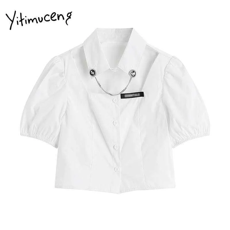 Yitimuceng blanc Blouse femmes creux chaîne bouton Up chemises surdimensionné manches bouffantes unicolore été coréen hauts à la mode 210601