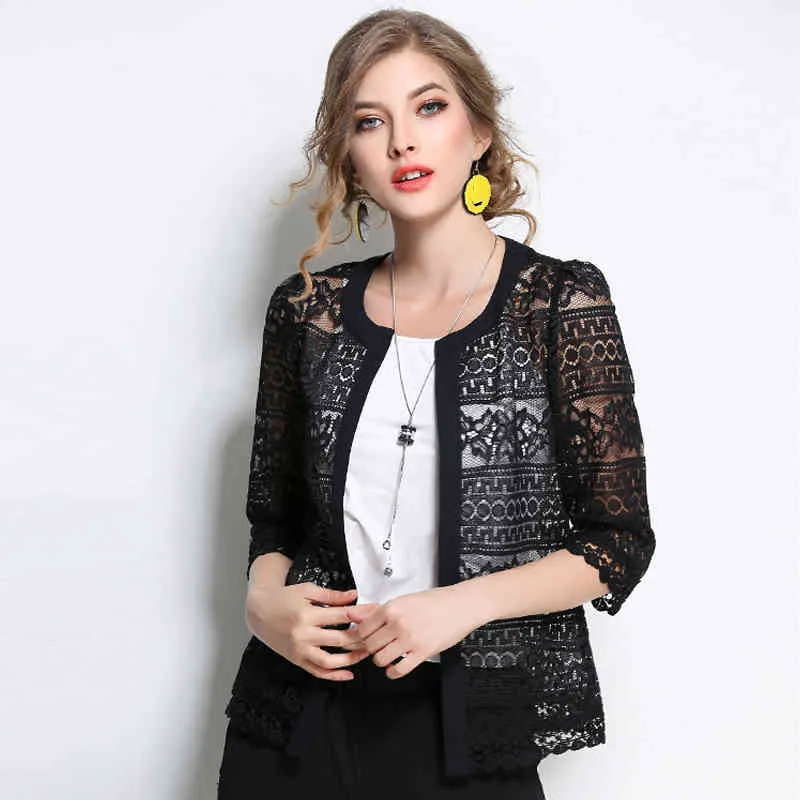 Plus Size Women Clothing Ladies White Lace Blouse Summer Cardigan Black Crochet Sexy Female blouses Tops blusas 83F 210420