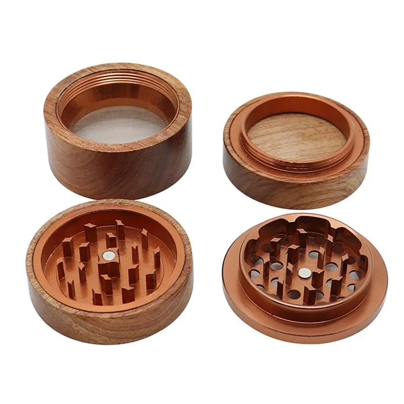 Wooden Manual Herb Grinder Exquisite Household Smoking Accessories 61MM Aluminum Alloy 4 Layers Tobacco Grinders