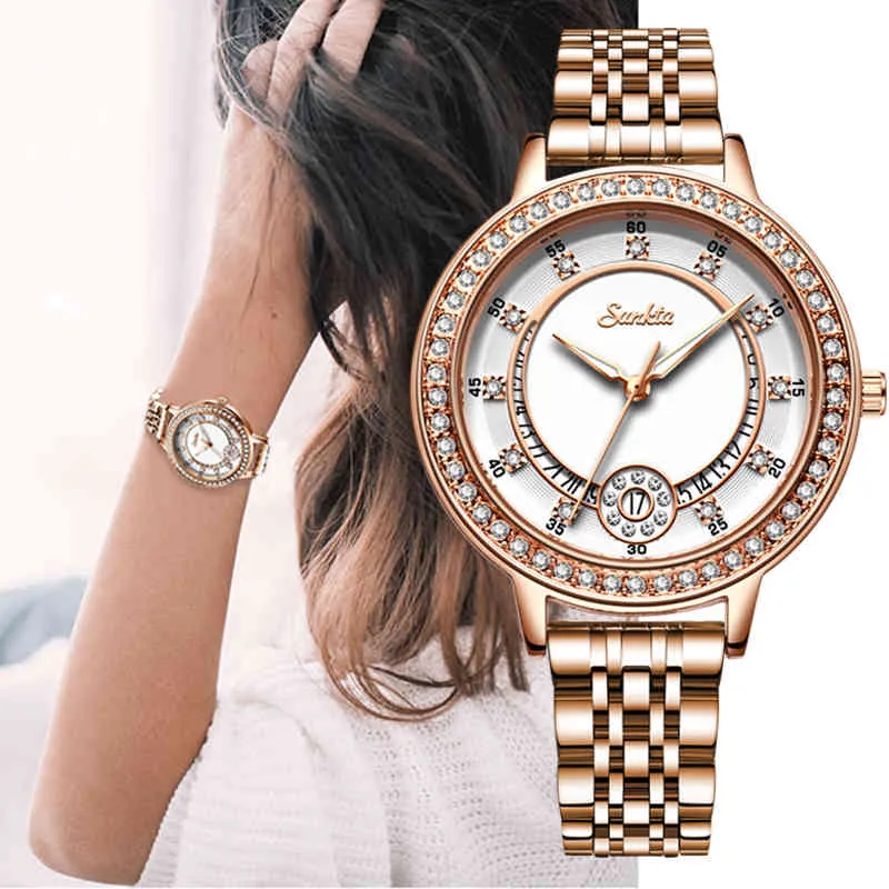 Sunkta 탑 럭셔리 브랜드 숙녀 Gold Watch 패션 크리 에이 티브 다이아몬드 여성 손목 시계 캐주얼 드레스 시계 Relogio Feminino 210517