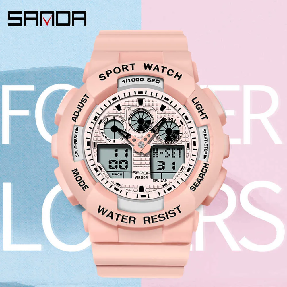 SANDA Ladies Watch Dual Display Quartz Automatic Date Chronograph Alarm Sports Watch Luminous Waterproof Men and Women's Watches G1022