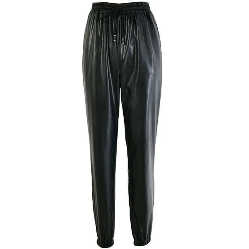 Fashion Street Lady Elastic Waist Pencil Pants Ladies PU Leather Autumn Drawstring Sweatpants Pockets Trousers For Women 210604