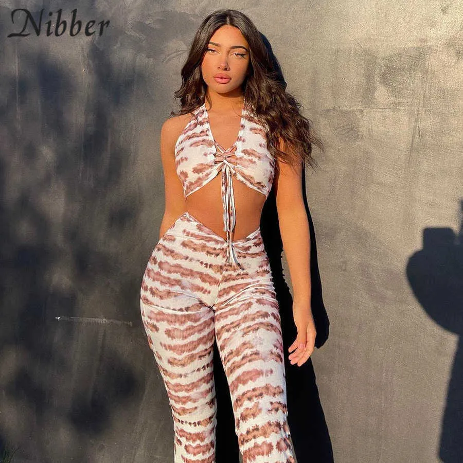 Nibber Moda Impressão 2 Dois Pedaço Set Mulheres Sexy Halter Bandage Crop Top + Flare Pants Party Roupas de férias Verão 2021 Y0625