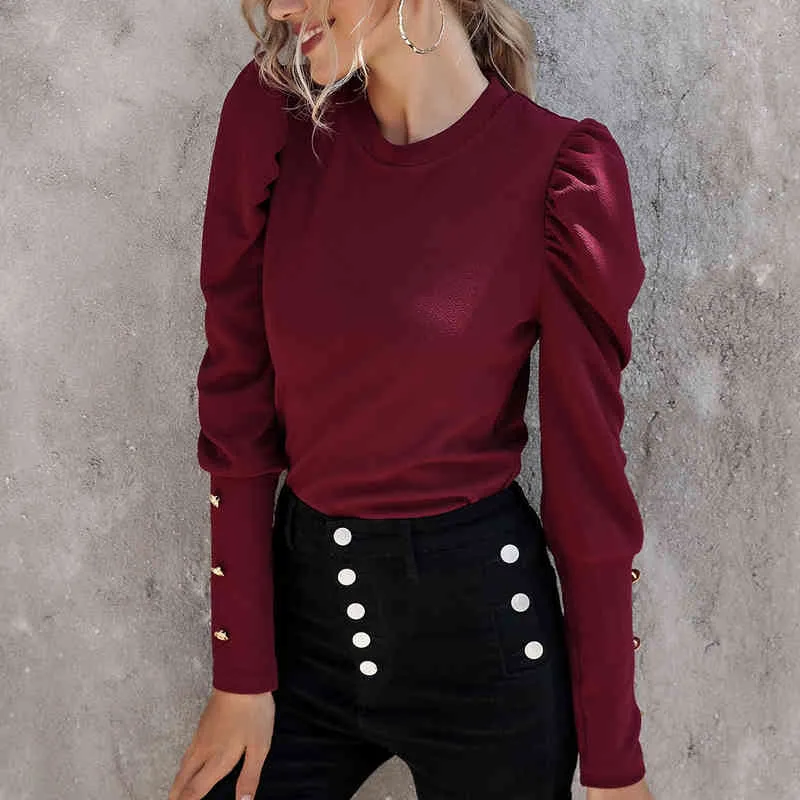 Top t-shirt for Women Autumn Winter Solid Color Women's Slim Fit Blouses female Full Casual t shirt tops Puff Sleeve 210514