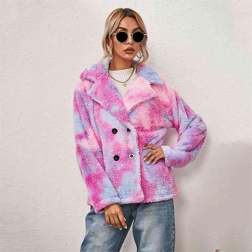 Autumn fleece Button coat jacket Women's Winter Tie-dye print double-sided plush long-sleeved double-breasted padded 210508