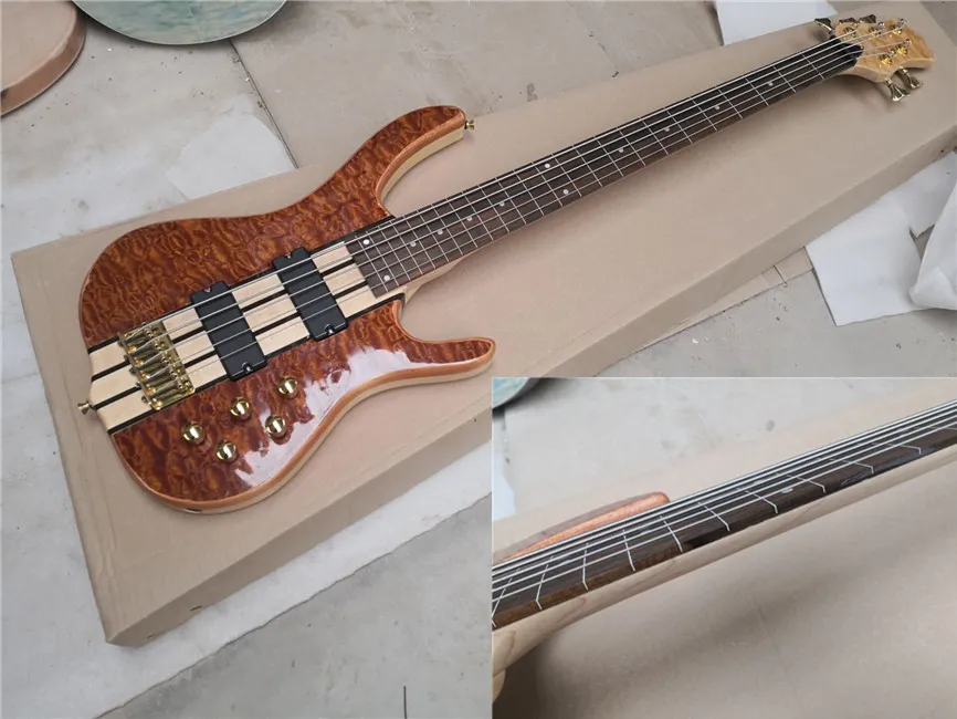 In stock 5 Strings Fretless (Frets line) 24 Frets Electric Bass Guitar with Golden Hardware,Can be customized