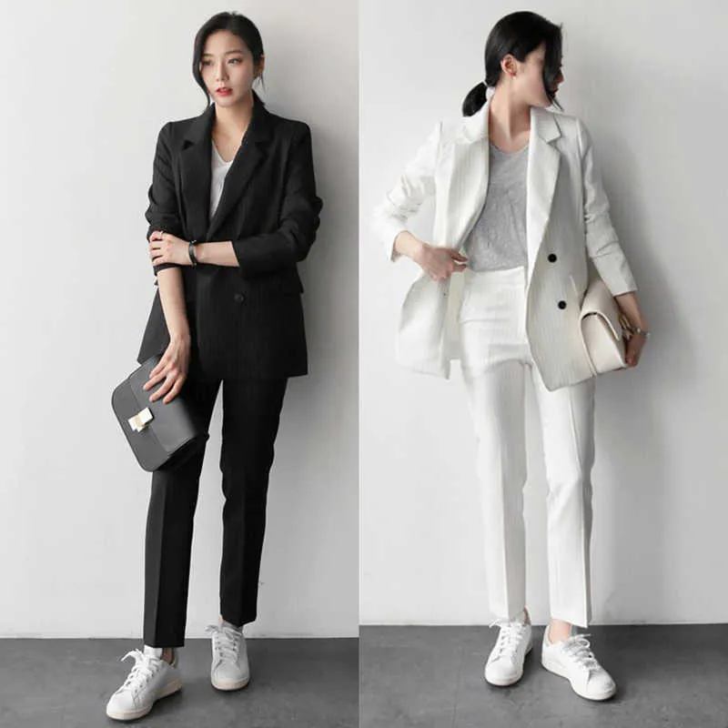 Économisez gros sur les achats en gros de Work Fashion Pant Suits Piece  Set For Women Striped Blazer Jacket Trouser Office Suit Lady Formal  210930