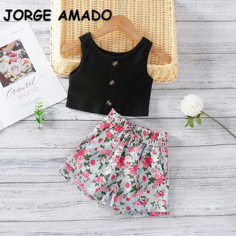 Zomer kids meisje 2-pcs sets zwarte wafel vest top + floral shorts zoete stijl peuter meisjes outfits kinderkleding E258 210610