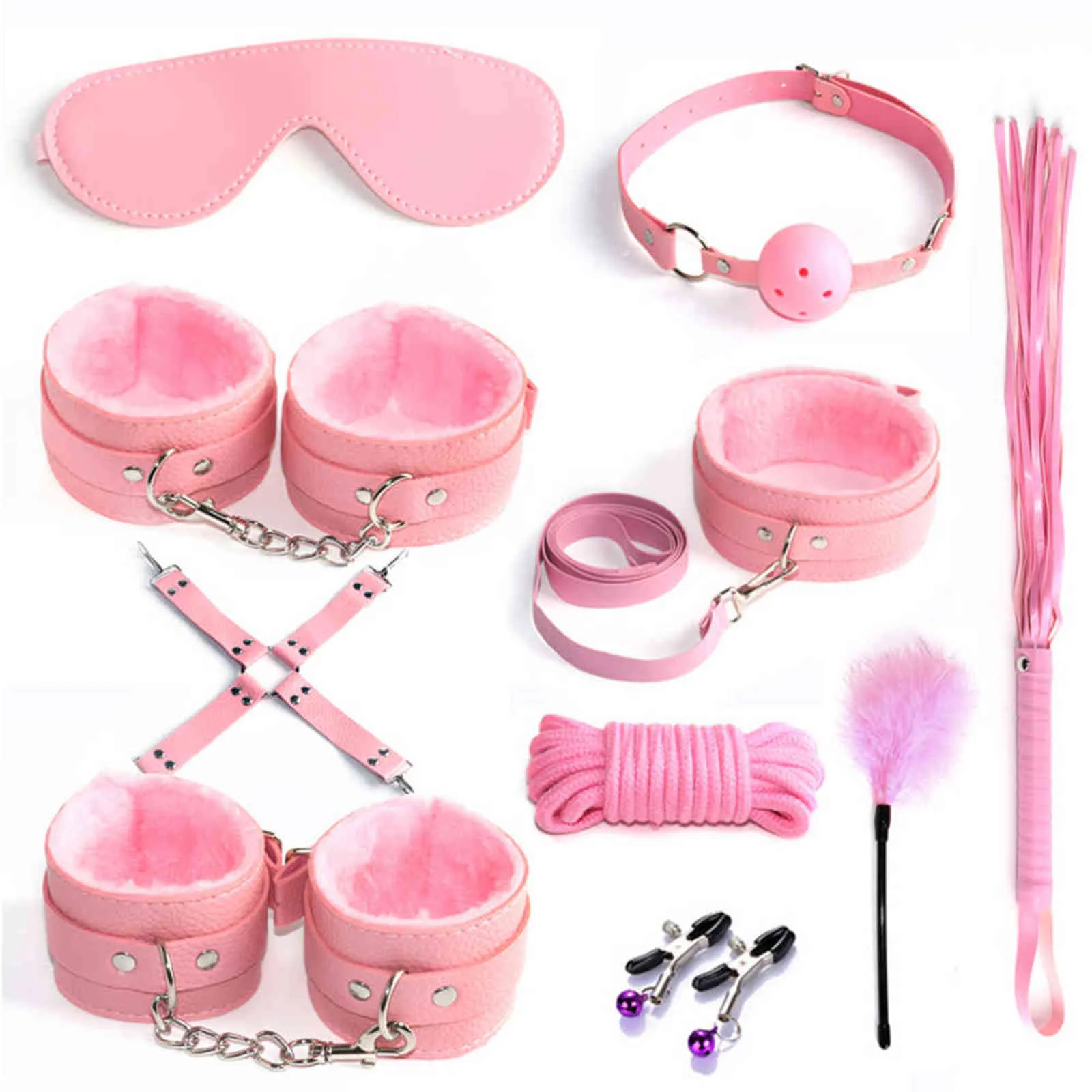 NXY Bondage 10PCS/SET Leather Sex Toys For Adult Game Erotic BDSM Kits Handcuffs Nipple Clamps Adults Couples 1122