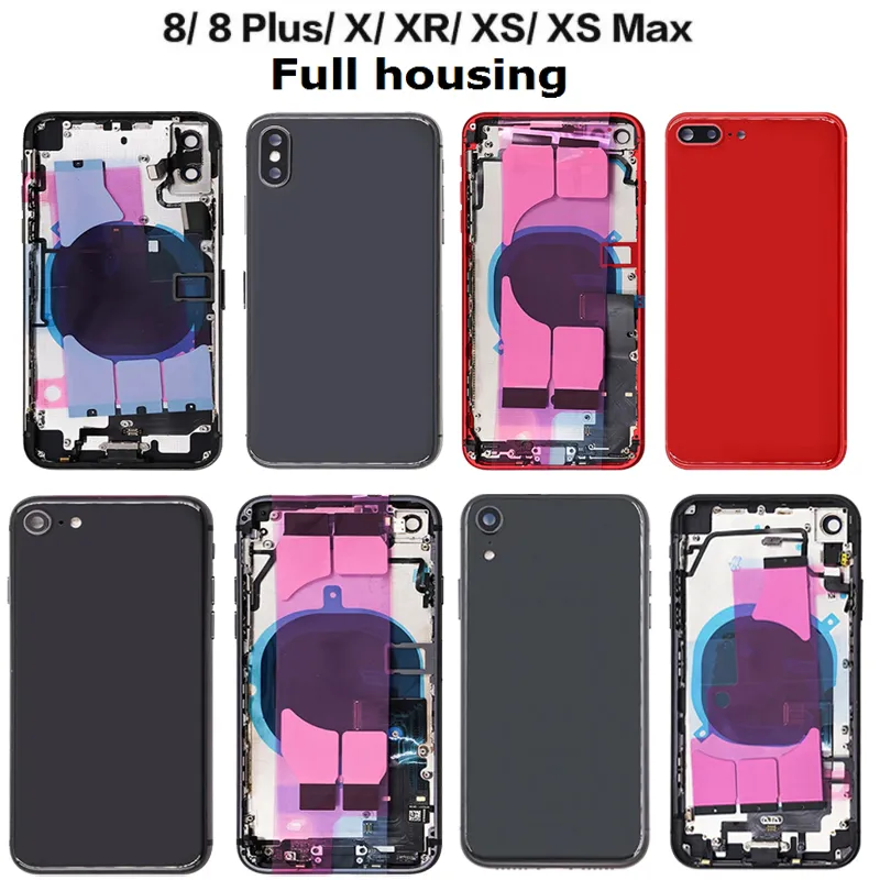 Volle Gehäuse Für iphone 8 8 plus X XR XS MAX Zurück Glas Mittleren Rahmen Chassis haus Montage Batterie Abdeckung tür mit kabel