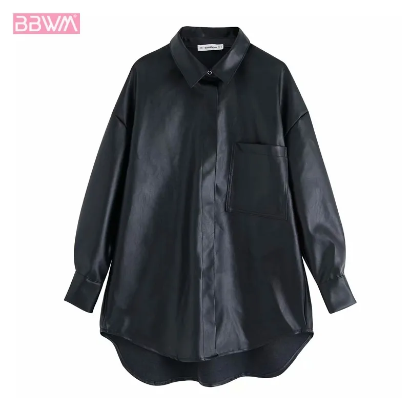 Black PU Revers Dames Shirt Single-Breasted Onregelmatige Lange Sectie Retro Zware Werk Veelzijdig Locomotief Vrouw Langoverhemd Top 210507