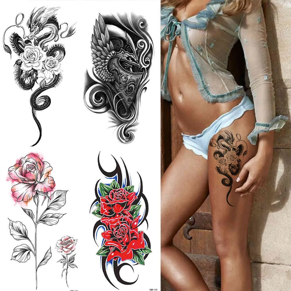 Autocollants imperméables temporaire grand motif tatouage autocollant fleur bras Flash tatouages corps Art beauté maquillage peau décoration