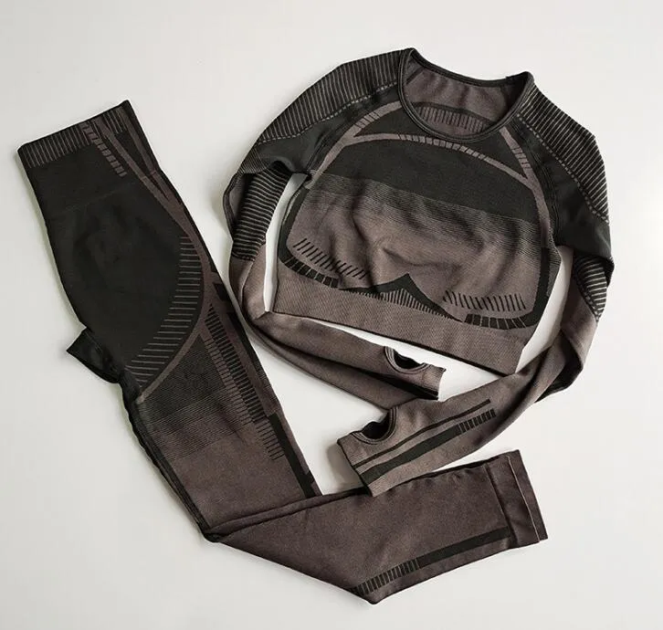 Ensemble de Yoga sans couture pour femmes, sculptant le corps, Leggings de Fitness, chemises courtes ajourées, costume de Sport pour femmes, survêtement à manches longues, vêtements d'activité