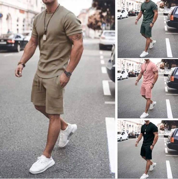 Heren Trainingspak 21 Zomer Korte Mouwen Shorts Casual Pure Kleur Outfits Mannen Ademende Tweedelige Broek Actieve Trainingspakken