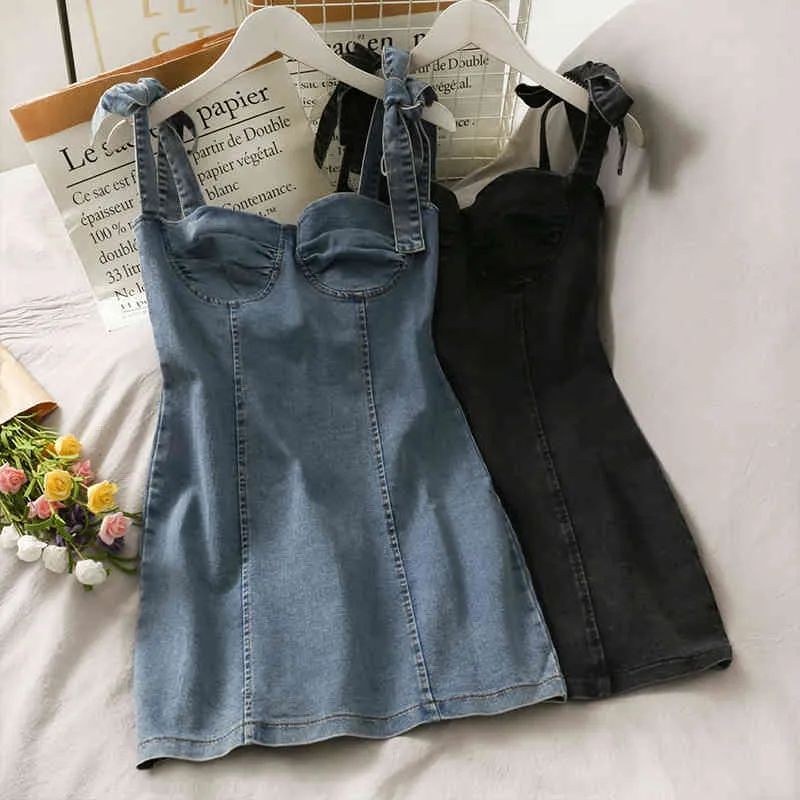 Korean bow tie strap beautiful back suspender short Dress female Vintage slim wild bag hip denim dress summer vestido 210420