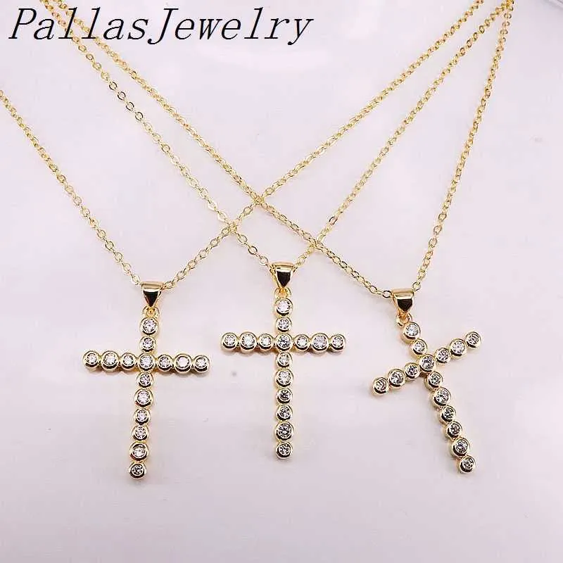 10st guldfärg CLEAR CUBIC ZIRCONIA CZ Micro Pave Cross Necklace Charm uttalande smycken x0707