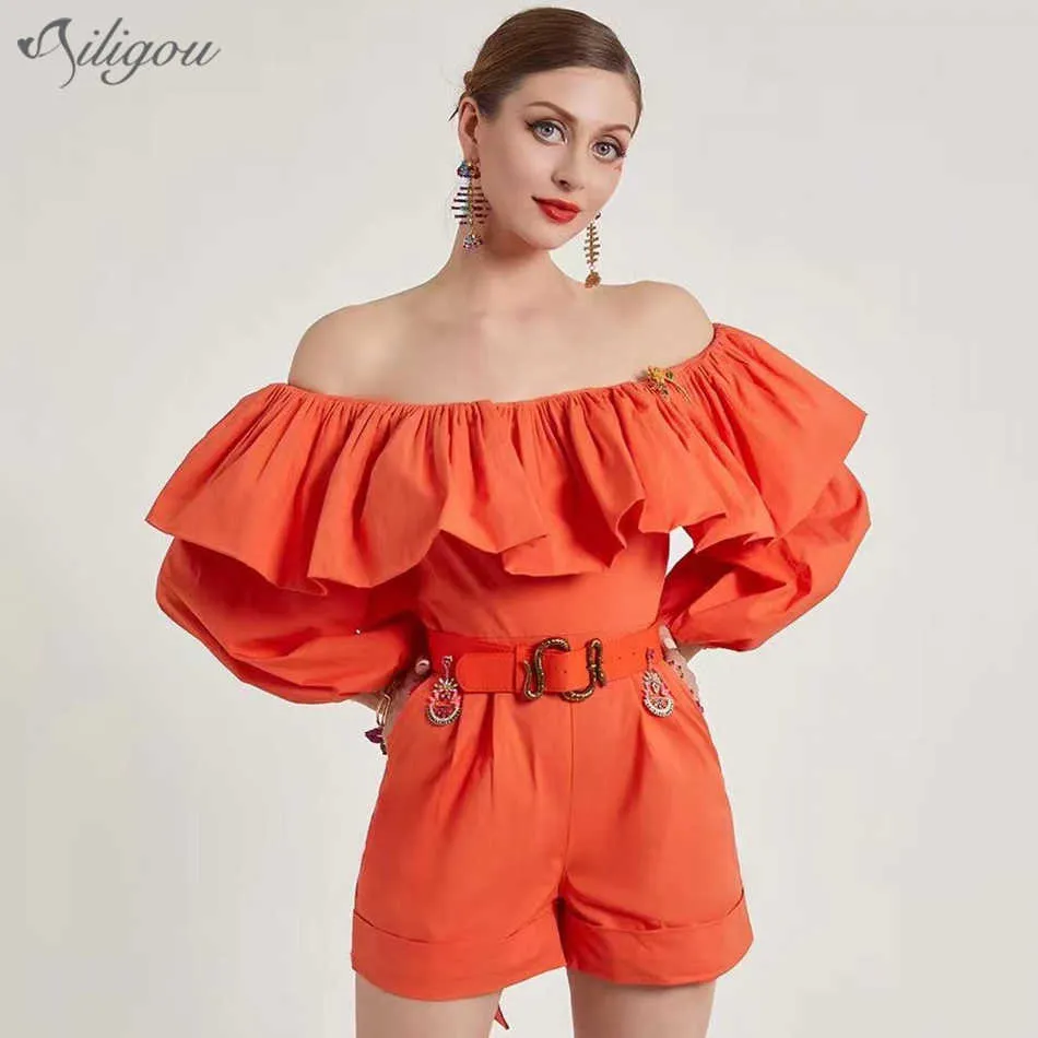 Women's Orange Ruffle Jumpsuit Casual Sexy Top Halter Long Sleeve Summer Ladies' Short 210527