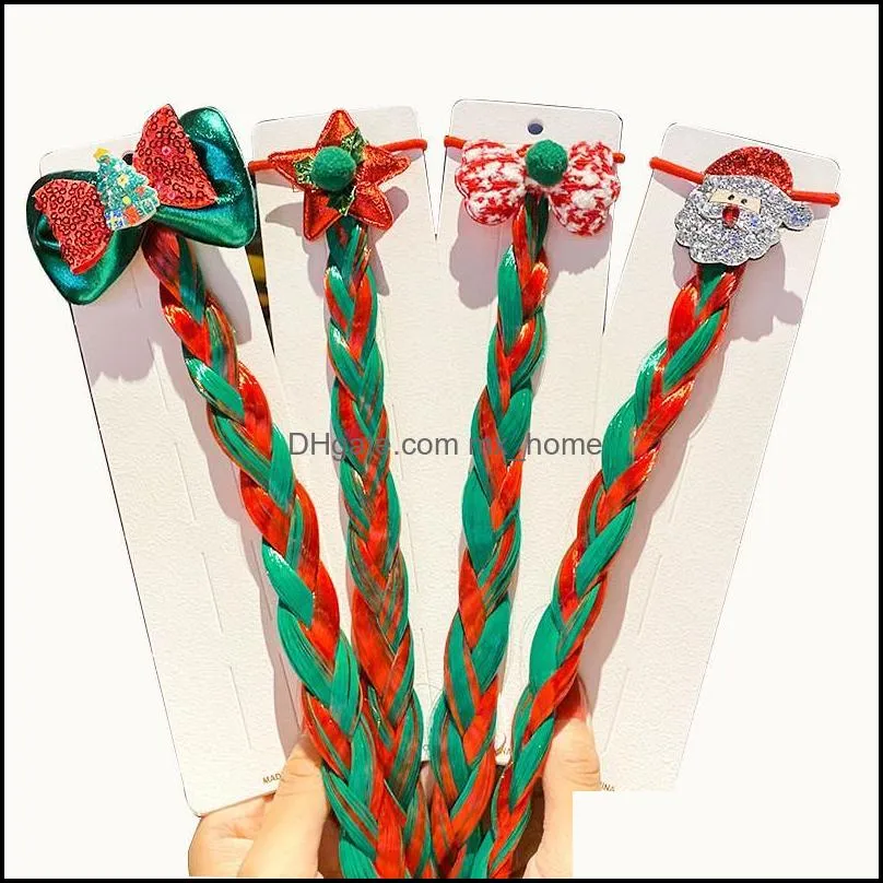 Christmas Color Wig Pigtail Elastic Hair Band For Girls Elk Bow Scrunchies Ponytail Ropes Kids Headwear Clips Accessories