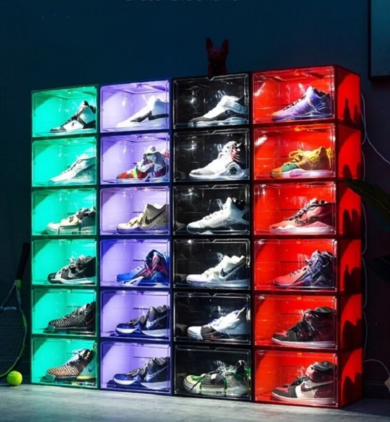 2024 Modern Shoe Storage Box Foldable Plastic Organizer with Sound Control LED Lights 5 Colors 36x29x22cm 100kg Load Capacity