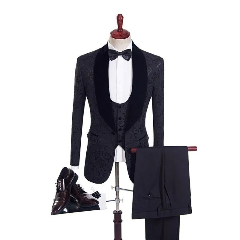 Mäns kostymer Blazers Custom Made Män Sjal Lapel Groom Tuxedos Svart Mönster Bröllop Groomsman 3 stycken (Jacka + Byxor + Vest + Slips) E432