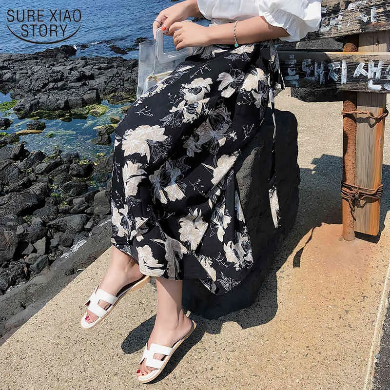 Yaz Yüksek Bel Bölünmüş Uzun Boylu Kadın Plaj Etekler Şifon Baskılı Çiçek Katı A-Tipi Dantel-up Wrap Jupe Femme 10011 210508