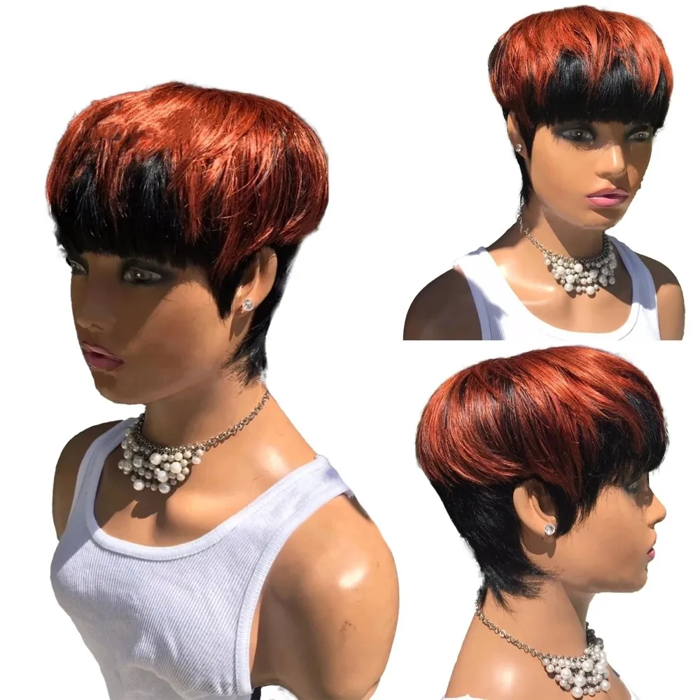 Ombre Red Color Short Wavy Bob Pixie Cut Wig Full Machine Made Non Lace Human Hair Wigs With Bangs For Black Women