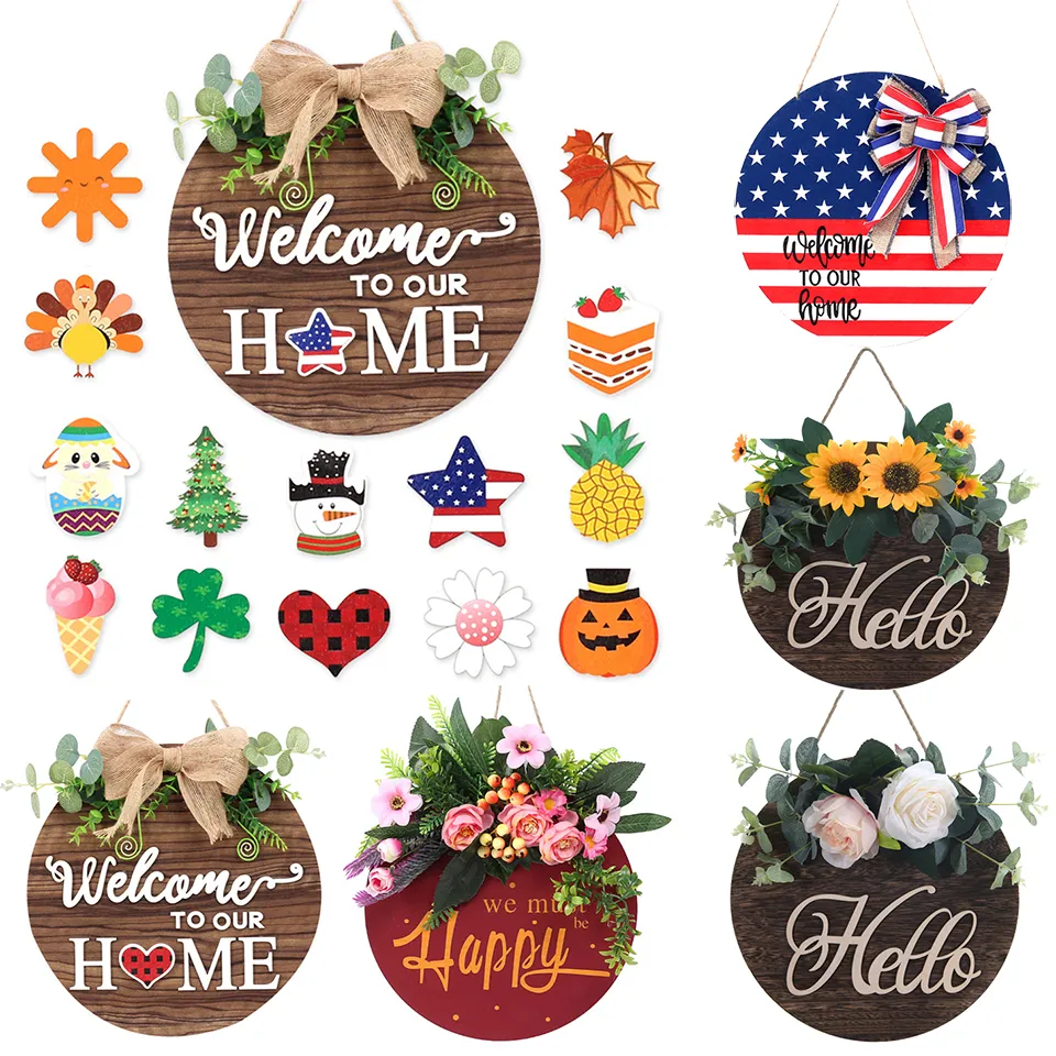 Welcome Wreath Seasonal Welcome Door Sign Interchangeable Welcome to Our Home Wood Round Wreath with Buffalo Check Plaid Bow Outdoor Holiday Decoration