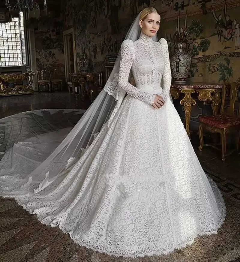 Bescheidene Victoria A-Linie Brautkleider, Brautkleider, lange Ärmel, Stehkragen, Vintage-Robe De Soir￩e De Mariage