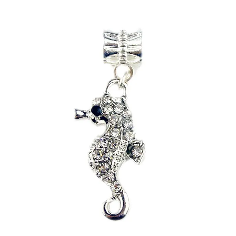 FITS Pandora Bracelets 20pcs Sea Horse Hippocampus 크리스탈 펜던트 매력 비즈 실버 매력 구슬 여성 DIY 유럽 목걸이 쥬얼리