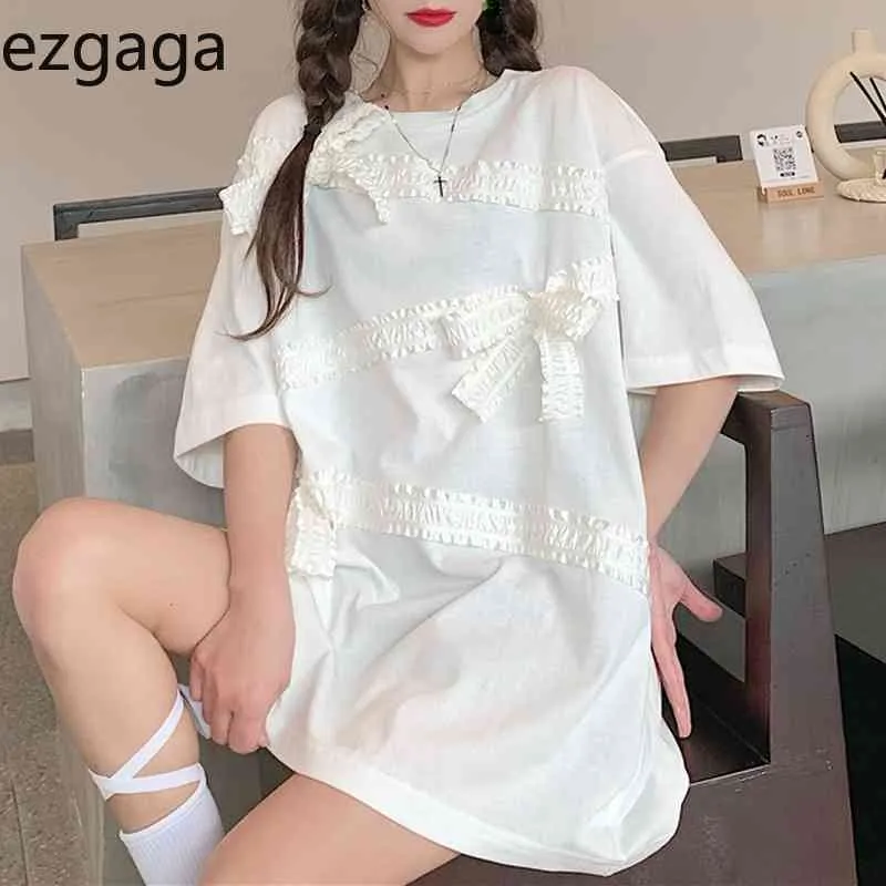 Ezgaga Ruban irrégulier Bow Été Nouvelles femmes T-shirts à manches courtes Solide Mode coréenne O-Cou surdimensionné Streetwear T-shirts 210430