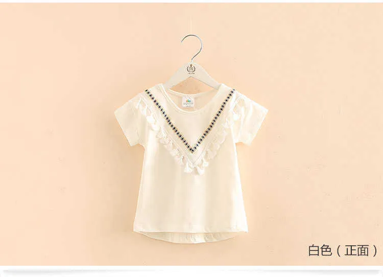 Girls Clothes Summer 100% Cotton White Pink Solid Color V Tassels Patchwork Short Sleeve O-Neck T Shirt Girls (4)