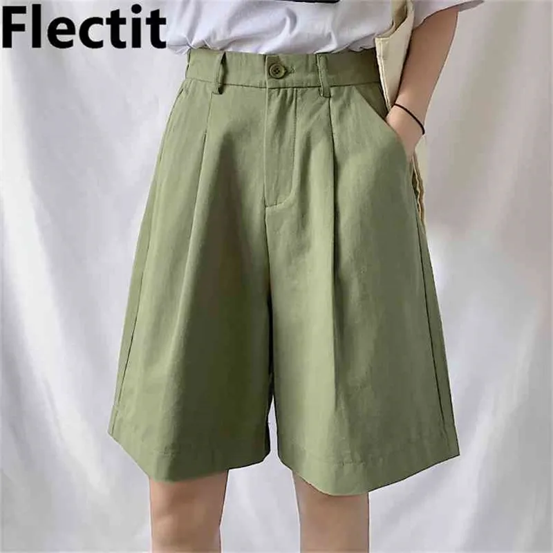 Flectit Kvinnors Bermuda Shorts Bomull Hög midja Wide Leg Front Pleats Plus Size Kvinna Student Girl Casual Outfit 210719