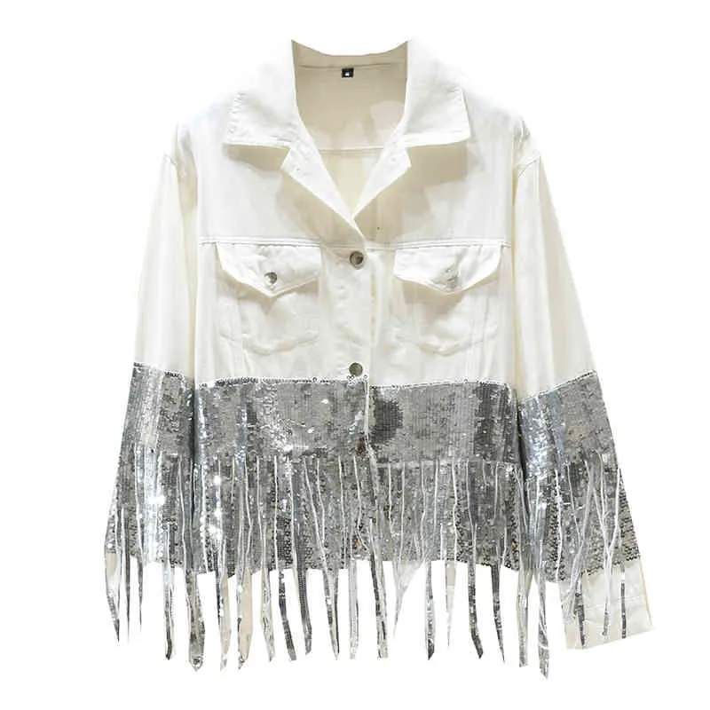 White Black Denim Jacket Button Pocket Sequined Tassel Long Sleeves Loose Patchwork Turn Down Collar C0197 210514