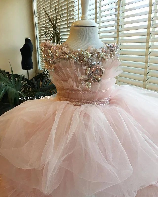 2024 Flower Girl Dress For Wedding Puffy Light Pink Tulle Sleeveless Pearls  With Bow Baby Princess Birthday Party Dress Gowns | Beyondshoping | Free  Worldwide Shipping, No Minimum!