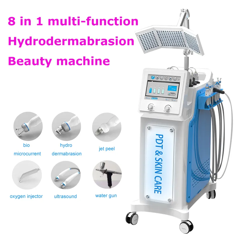 Hydra dermabrasrasion آلة 8 في 1 مع الموجات فوق الصوتية البيولوجية الأكسجين رذاذ حاقن microdermabrasion الماء الماس جلدي