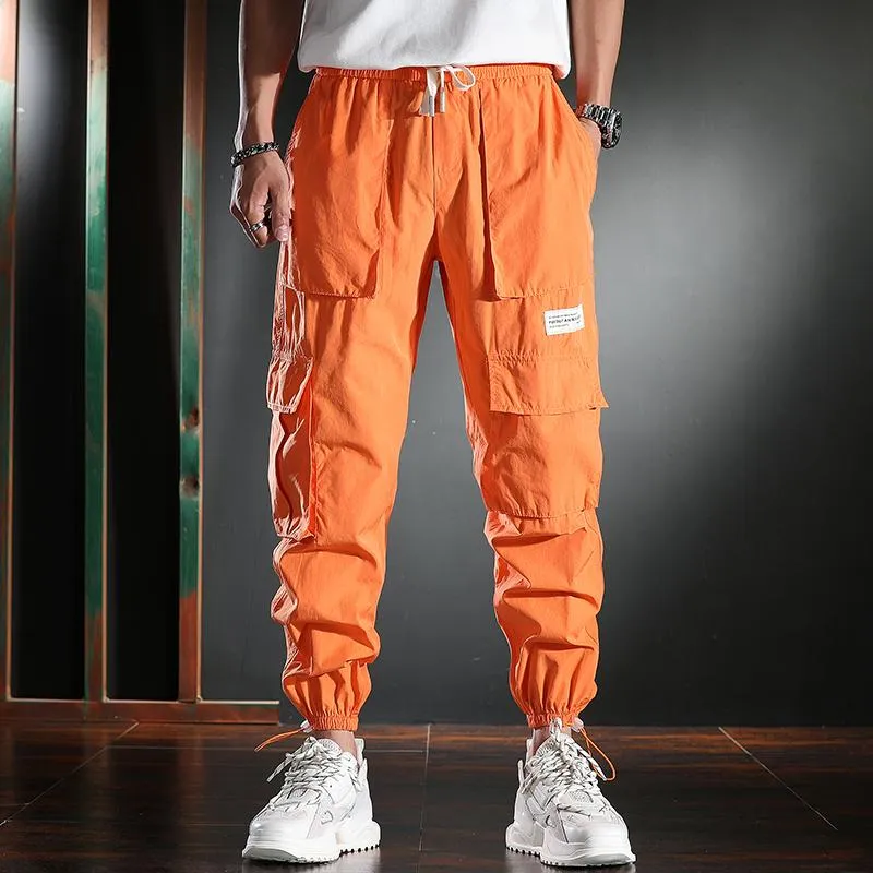 Pantalon pour hommes Baggy Orange Cargo Hommes Été Hip Hop Vêtements Coton Multi-Poche Cordon Pantalon217s