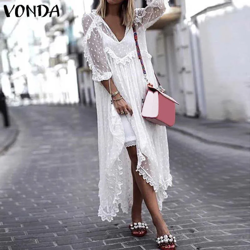 Vonda Plus Размер белый кружева DR2021 Женщины Sunddrsummer DriSexy Robe V-образным вырезом точка полый асимметричный подол Beach Vestidos X0529