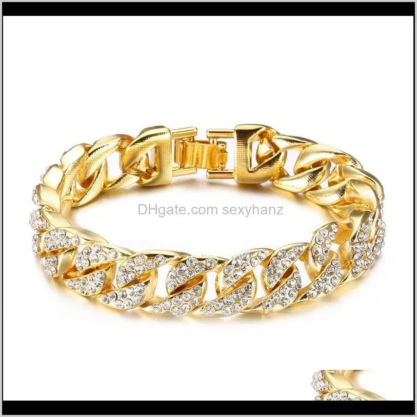 Link, Drop Delivery 2021 Bracciali a catena cubana in oro 18 carati per uomo 14 mm 23 cm Bracciale Miami in cristallo ghiacciato The Hip Hop King Jewelry Bangles Gi